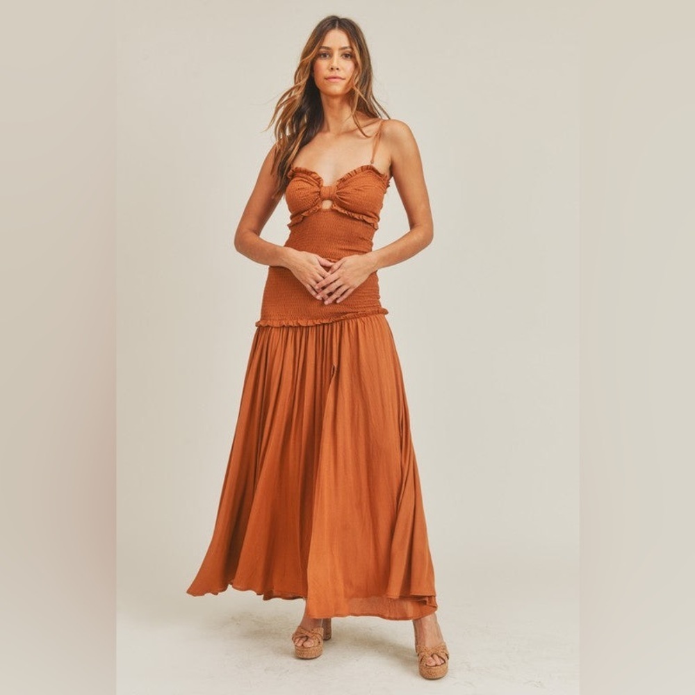 MABLE Strapless Smocked Knot Front Side Slit Maxi Dress - Picture 3 of 10